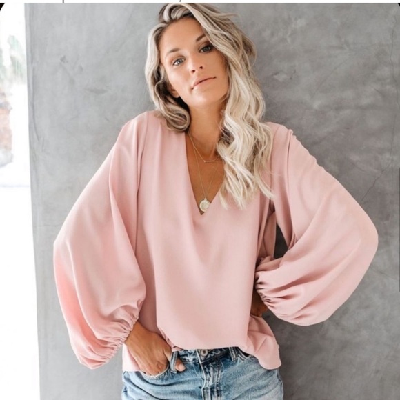 Oversized Balloon Long Sleeve Oversized Top Italy Blush Pink Viscose V-neck Boho - Picture 3 of 11
